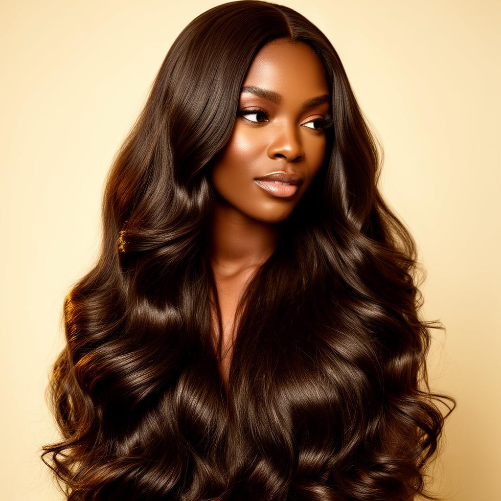 Modelo com mega hair longo e brilhante